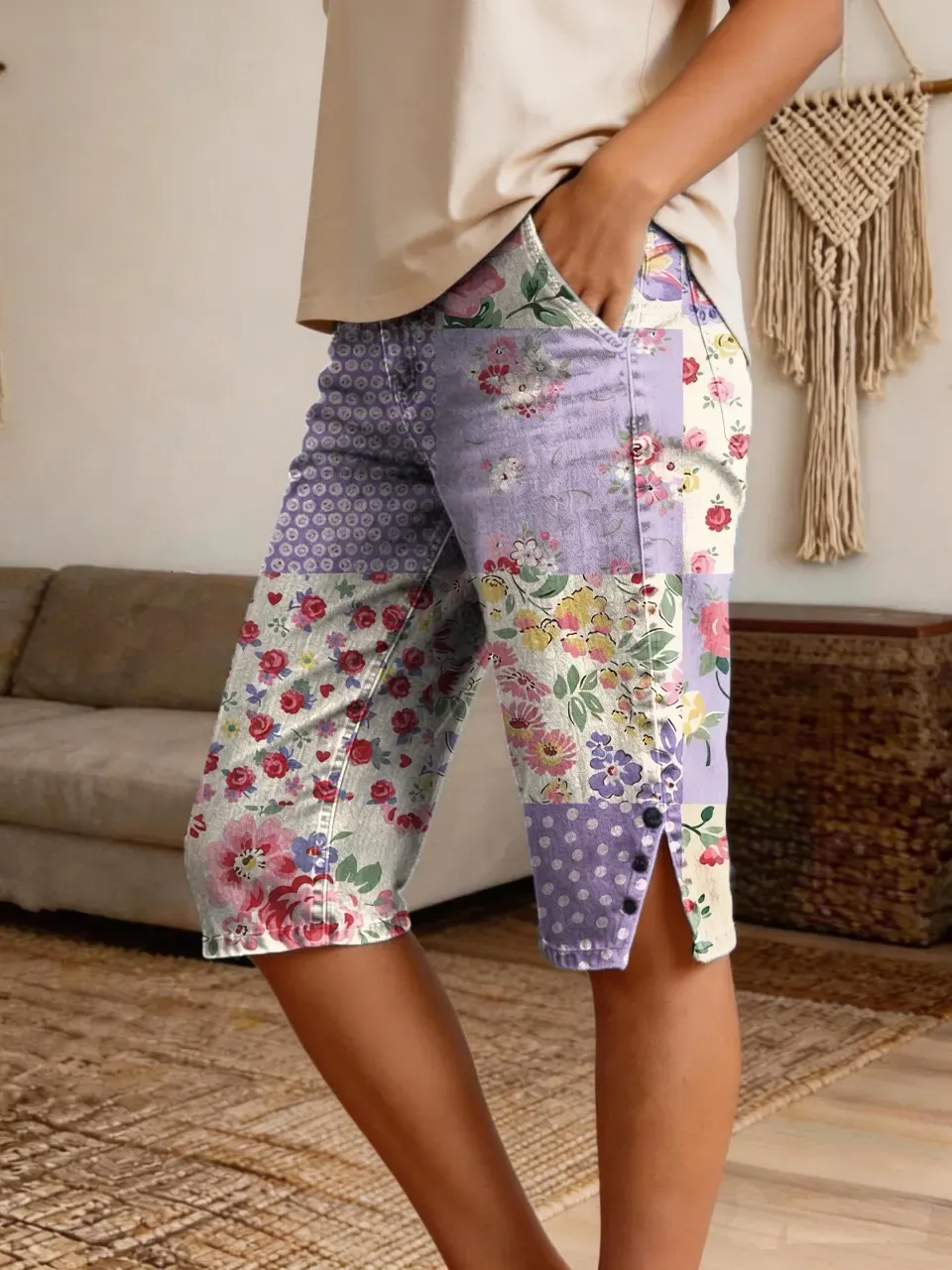 Women's Retro Patchwork Floral Art Print Casual Denim Shorts