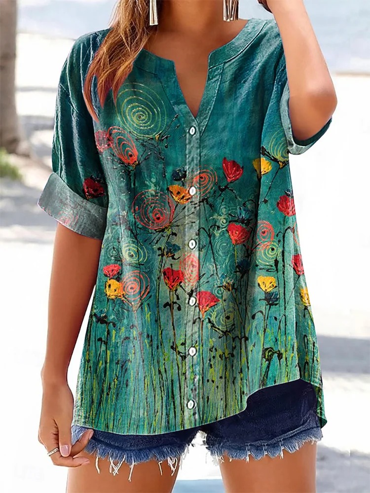 Women's Floral Pattern Art Print Casual Cotton Linen Shirt
