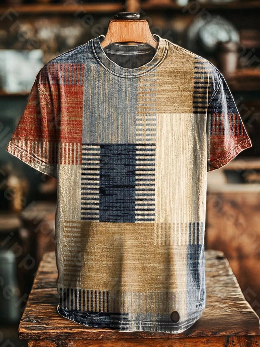 Unisex Retro Ethnic Geometric Art Pattern Print Casual Loose Short Sle