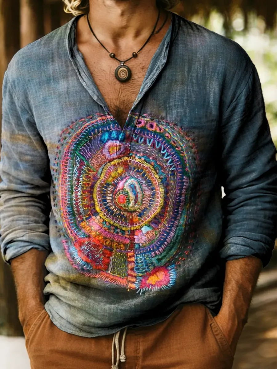 Vintage Geometry Texture Art Print Cotton And Linen Casual Shirt