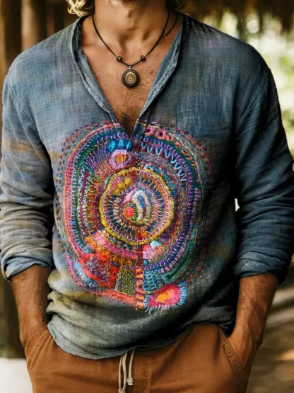 Vintage Geometry Texture Art Print Cotton And Linen Casual Shirt