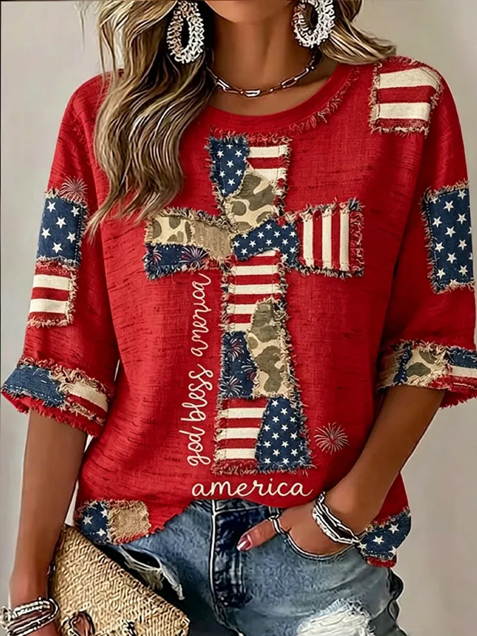 Women'S Flag, Faith, Art, Seven Quarter Sleeve Round Neck Linen Top
