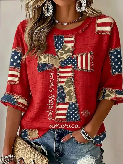 Women'S Flag, Faith, Art, Seven Quarter Sleeve Round Neck Linen Top