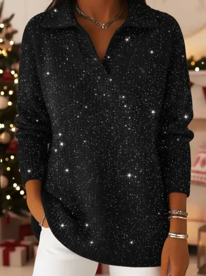 Christmas Party Polo Collar Shiny Loose Sweater Top