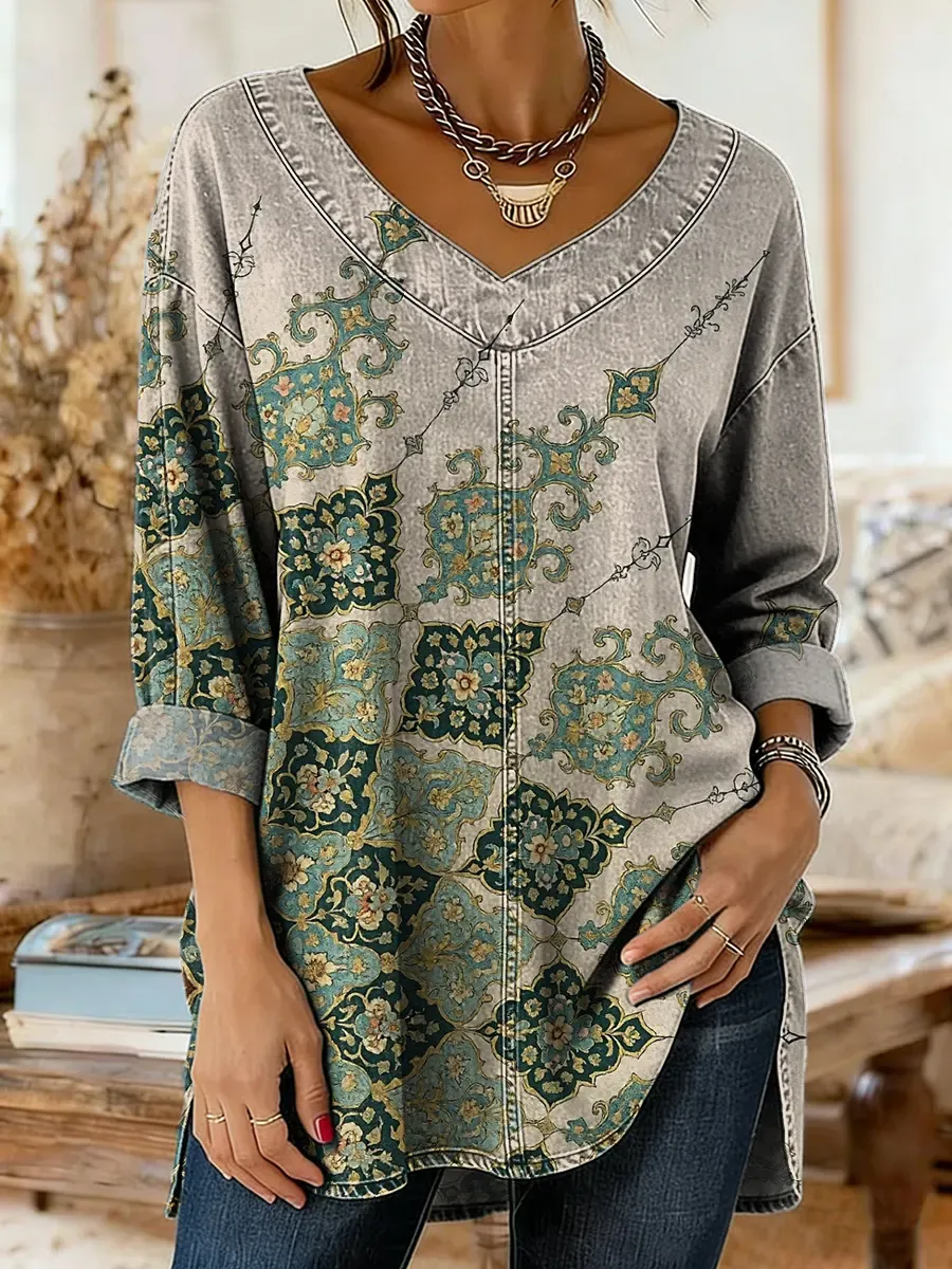 Retro Ethnic Floral Pattern Art Print Casual Washed Denim Cotton Top