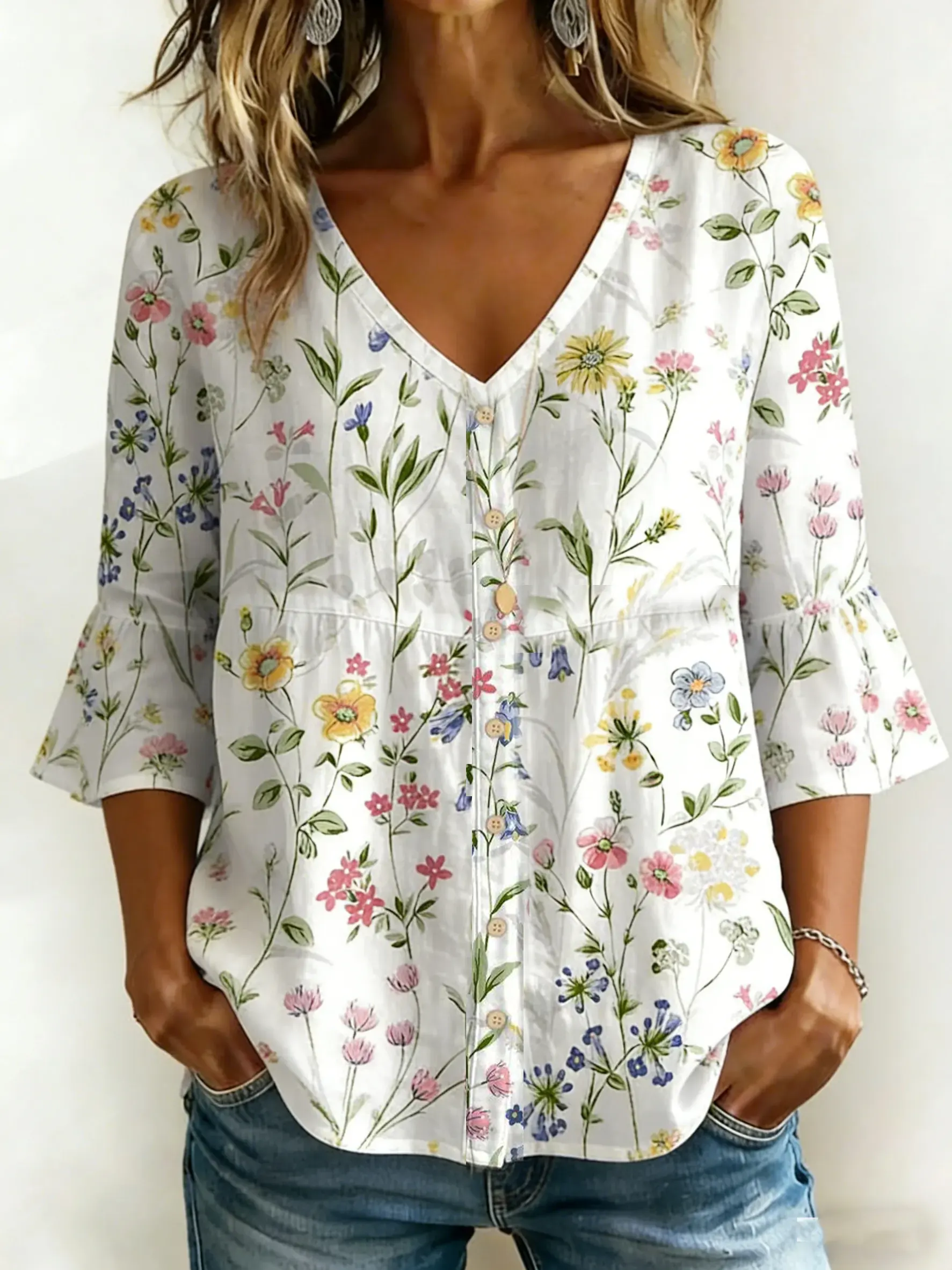 Women's Retro Flower Art Print V-neck Ruffled Sleeves Linen Cotton Shirt