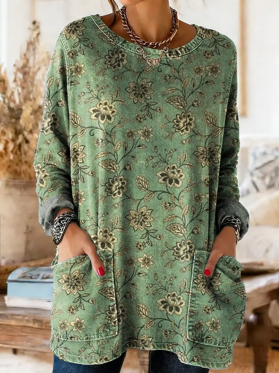 Women's Floral Art Print Crew Neck Washed Denim Cotton Pocket Top