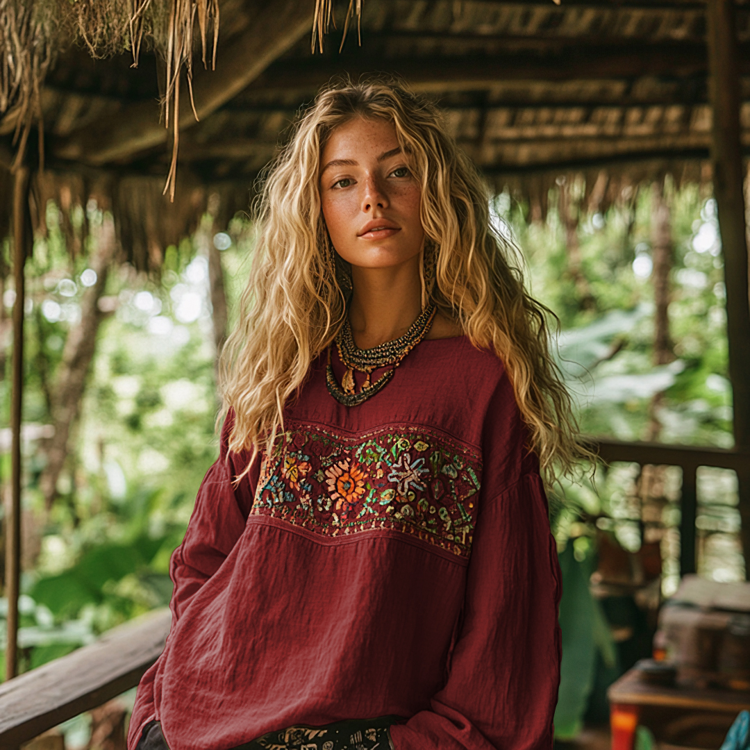 Retro Bohemian Art Print Cotton And Linen Blend Loose Blouse