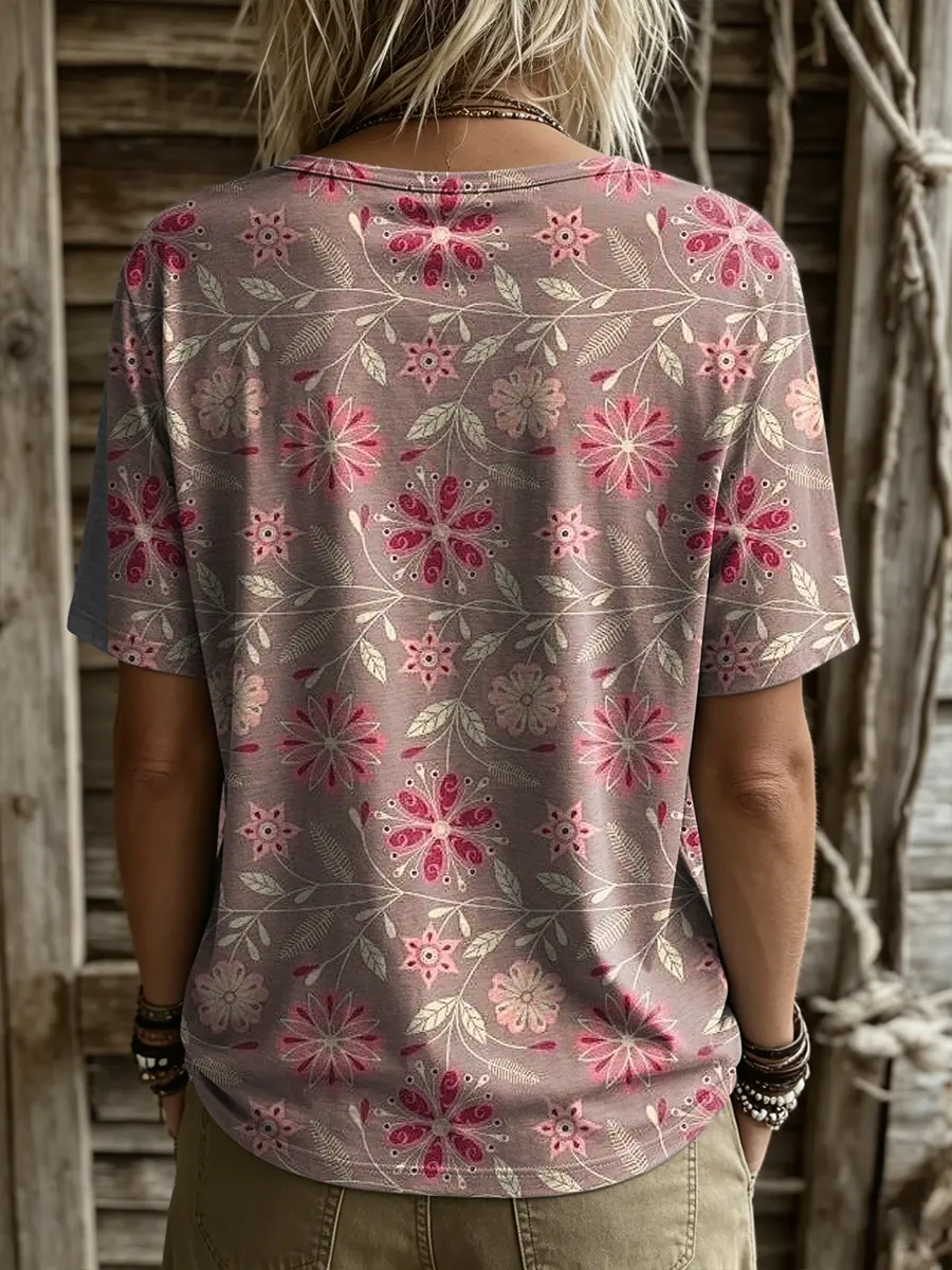Women's Retro Ethnic Floral Print Round-neck Short-sleeve T-shirt