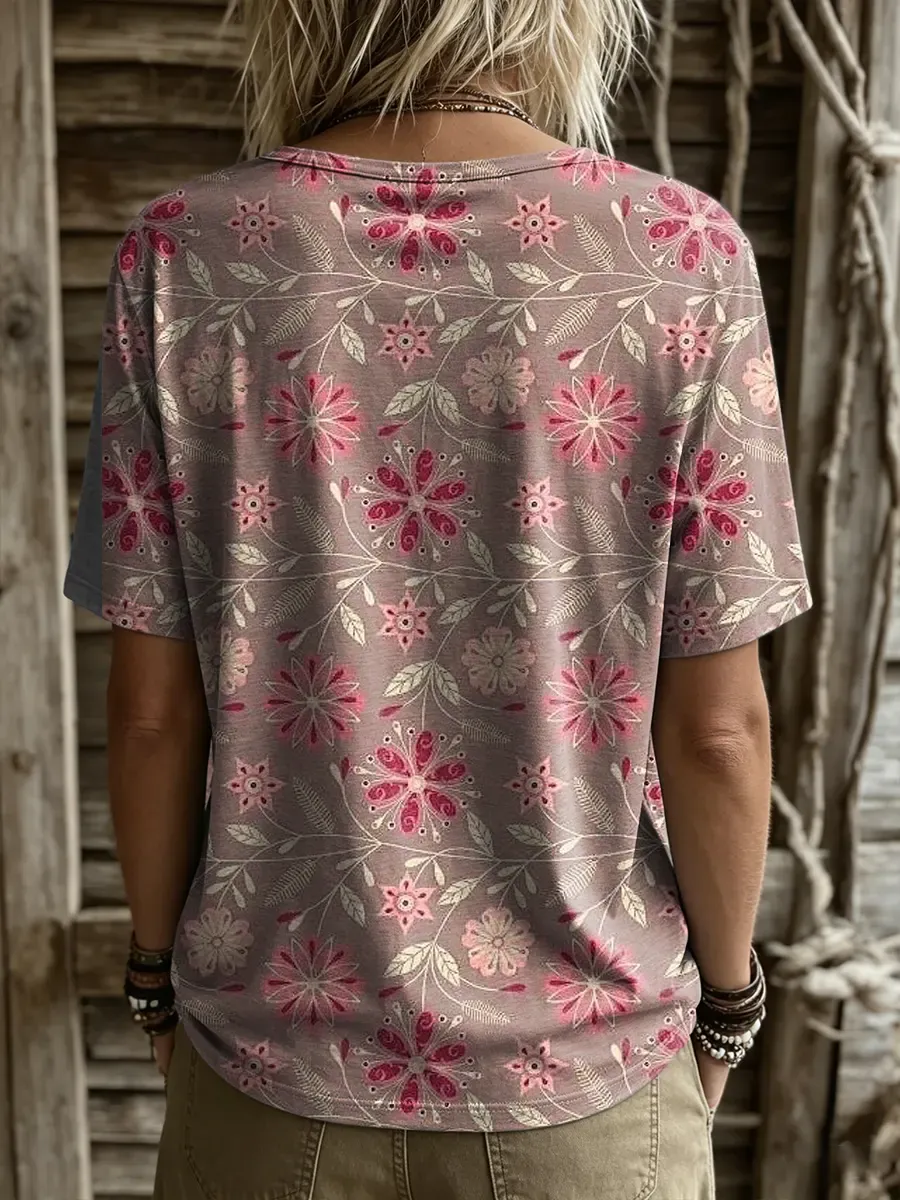 Women's Retro Ethnic Floral Print Round-neck Short-sleeve T-shirt