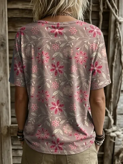 Women's Retro Ethnic Floral Print Round-neck Short-sleeve T-shirt