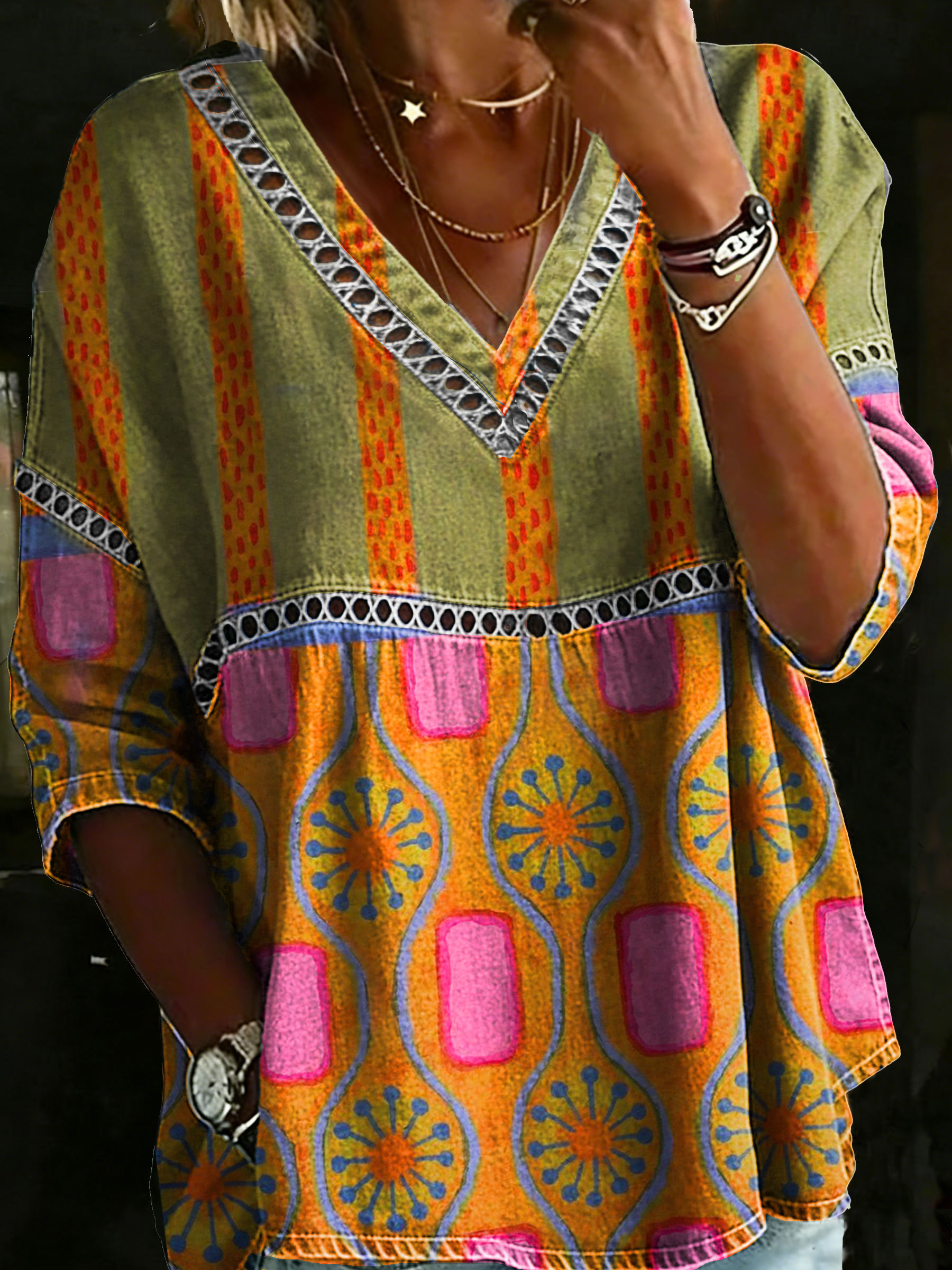 Women's Vintage Abstrct Casual Loose Denim V-neck Blouse Shirt