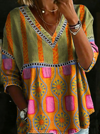 Women's Vintage Abstrct Casual Loose Denim V-neck Blouse Shirt