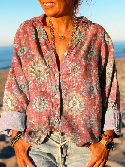 Women's Retro Ethnic Totem Pattern Casual Linen V-neck Shirt