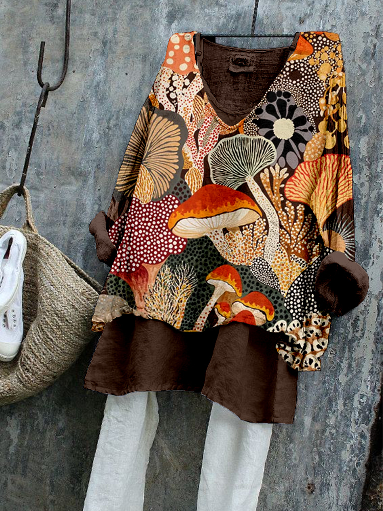 Japanese Botanical Mushroom Art Linen Tunic