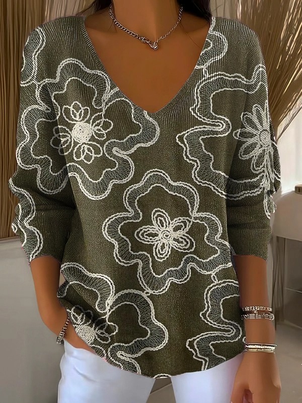 Women's Retro Flowers Art Pattern Print Casual V Neck Pullover Sweater