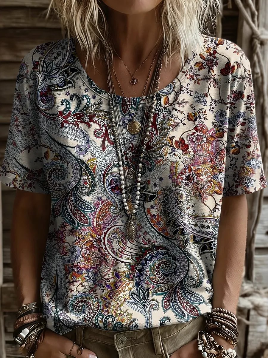Women's Retro Ethnic Floral Print Round-neck Short-sleeve T-shirt