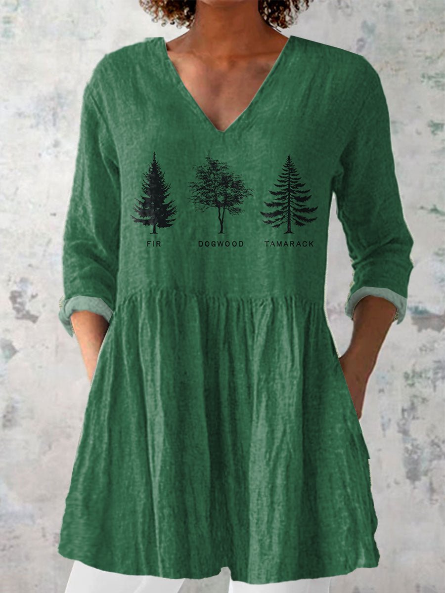 Women's Casual Tree Fdt Printed Cotton And Linen Top
