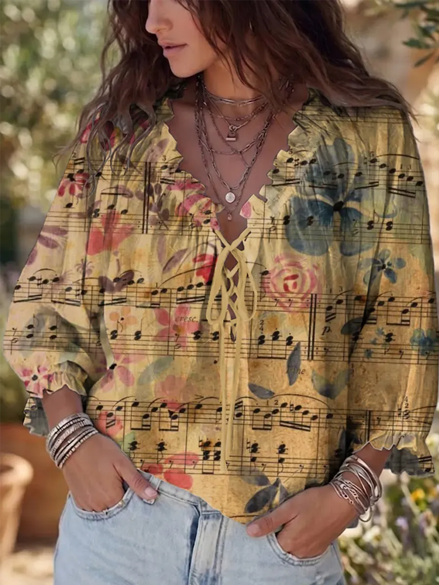 Ethnicity Bohemia Flowers Musical Notes Women's Art Print Casual Three-quarter Sleeve Ruffle Drawstring Shirt