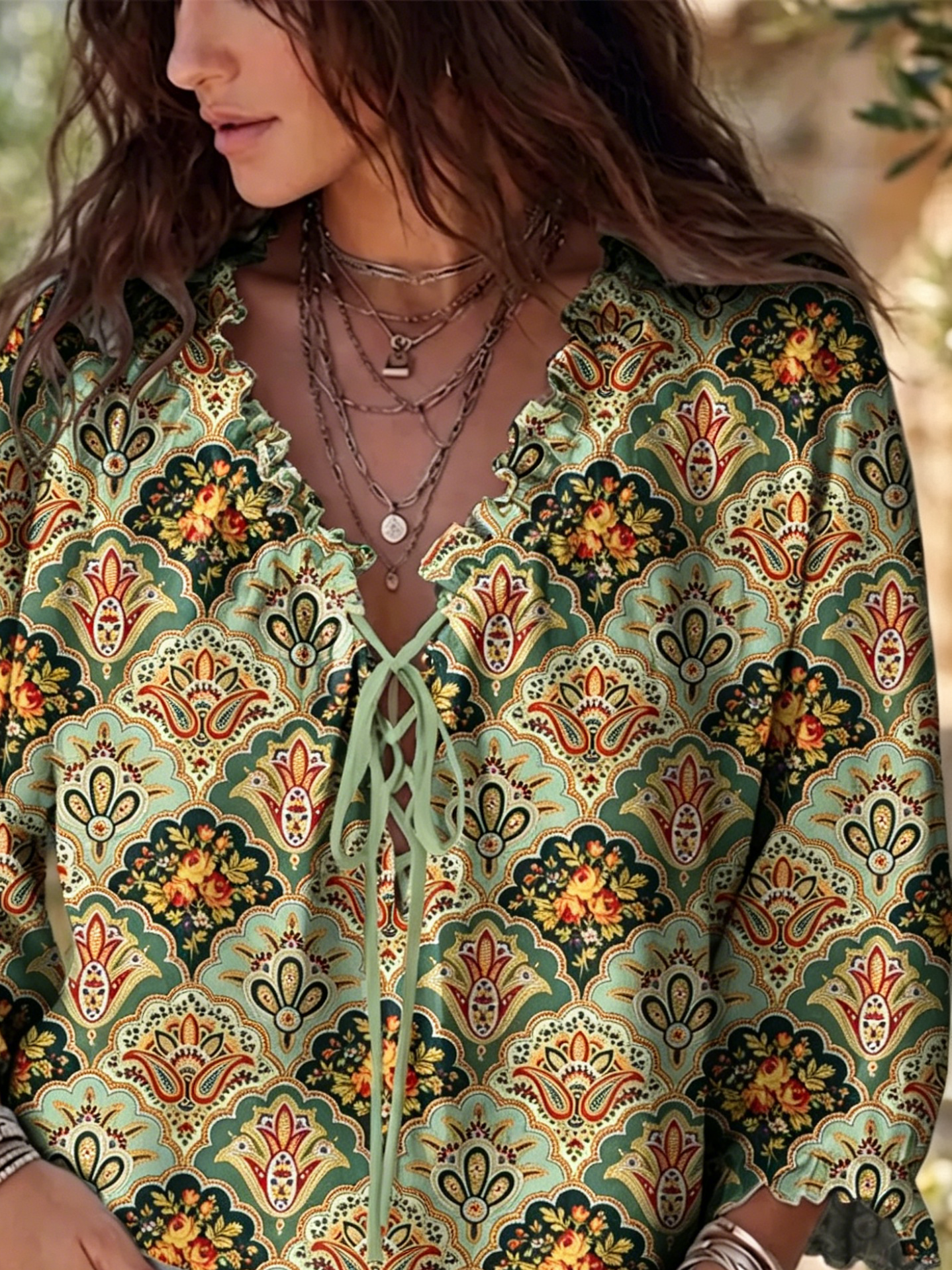 Ethnicity Shell-shaped Totem Flowers Women's Art Print Casual Three-quarter Sleeve Ruffle Drawstring Shirt