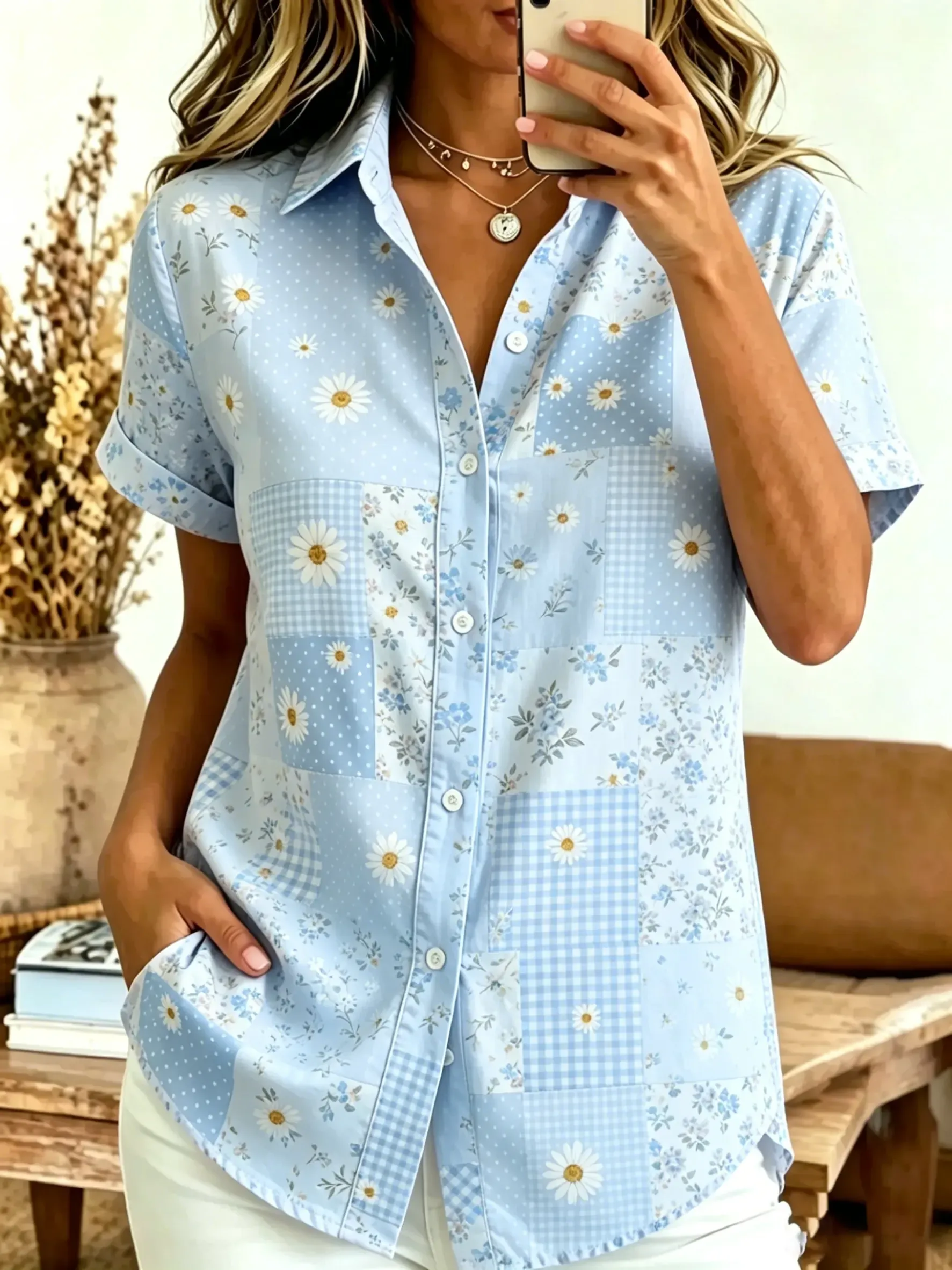 Women's Patchwork Floral & Gingham Print Cotton Short Sleeve Button-Down Shirt