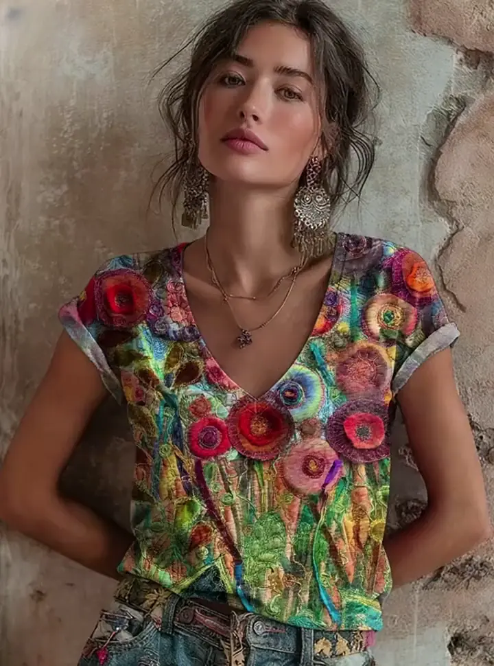 Women's Retro Colorful Floral Art Print Casual Short-Sleeve V-Neck Cotton T-Shirt