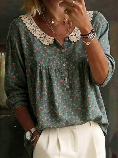 Vintage Flower Peter Pan Collar Cotton Shirt