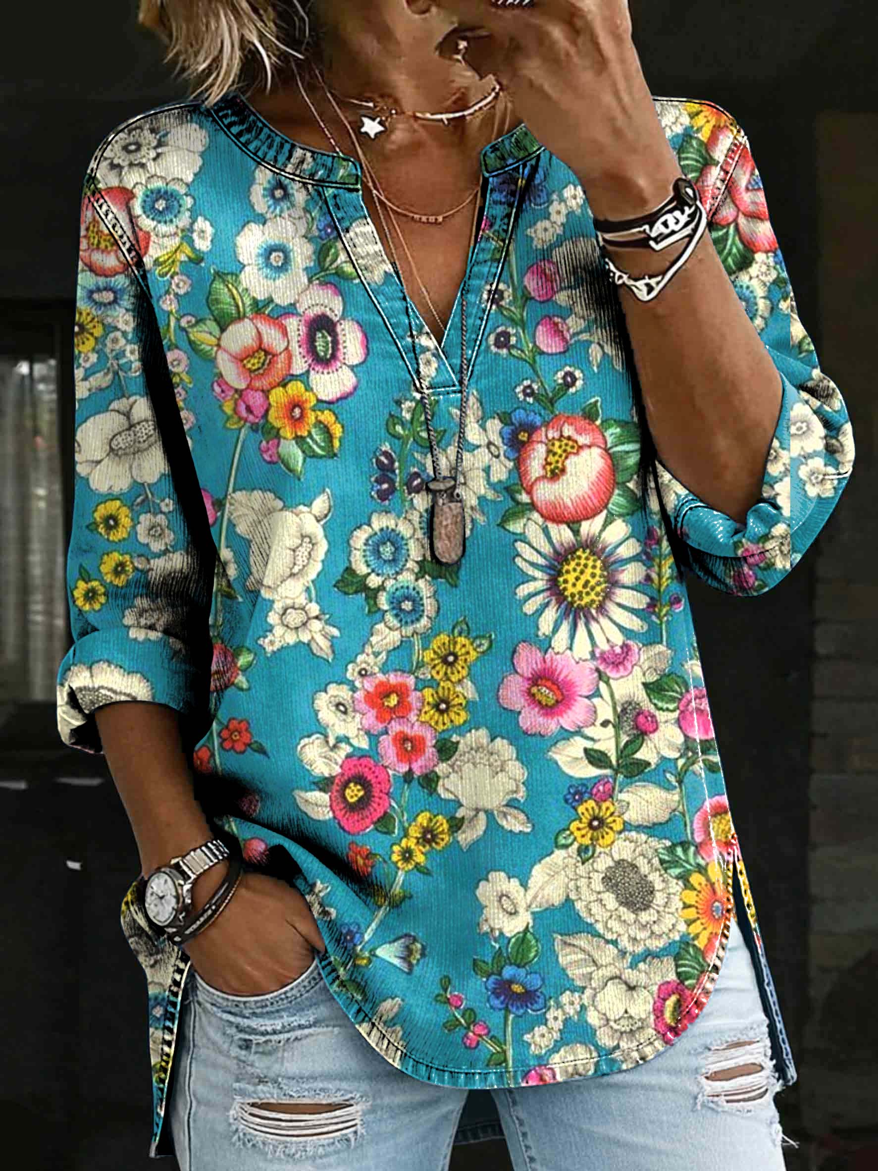 Women's Vintage Floral Print Denim V-neck Henley Long-sleeved Shirt