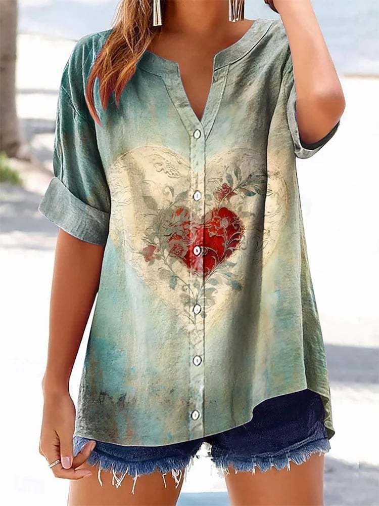 Women's Casual Retro Leaf Plant Heart Cotton And Linen Shirt