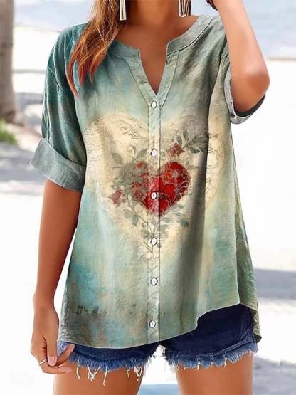Women's Casual Retro Leaf Plant Heart Cotton And Linen Shirt