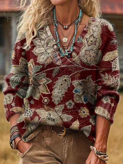 Unisex Retro Floral Art Print Casual Long-Sleeve V-Neck Sweater