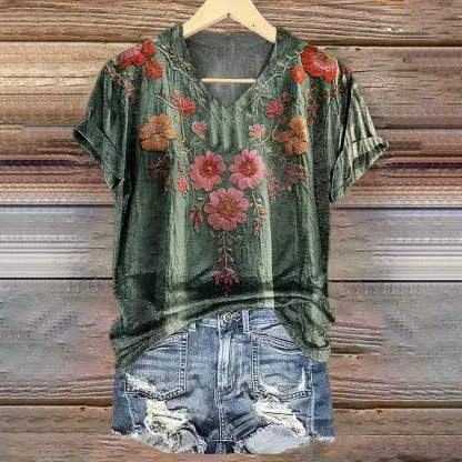 Women's Vintage Floral Pattern Art Print Casual Cotton Linen Shirt