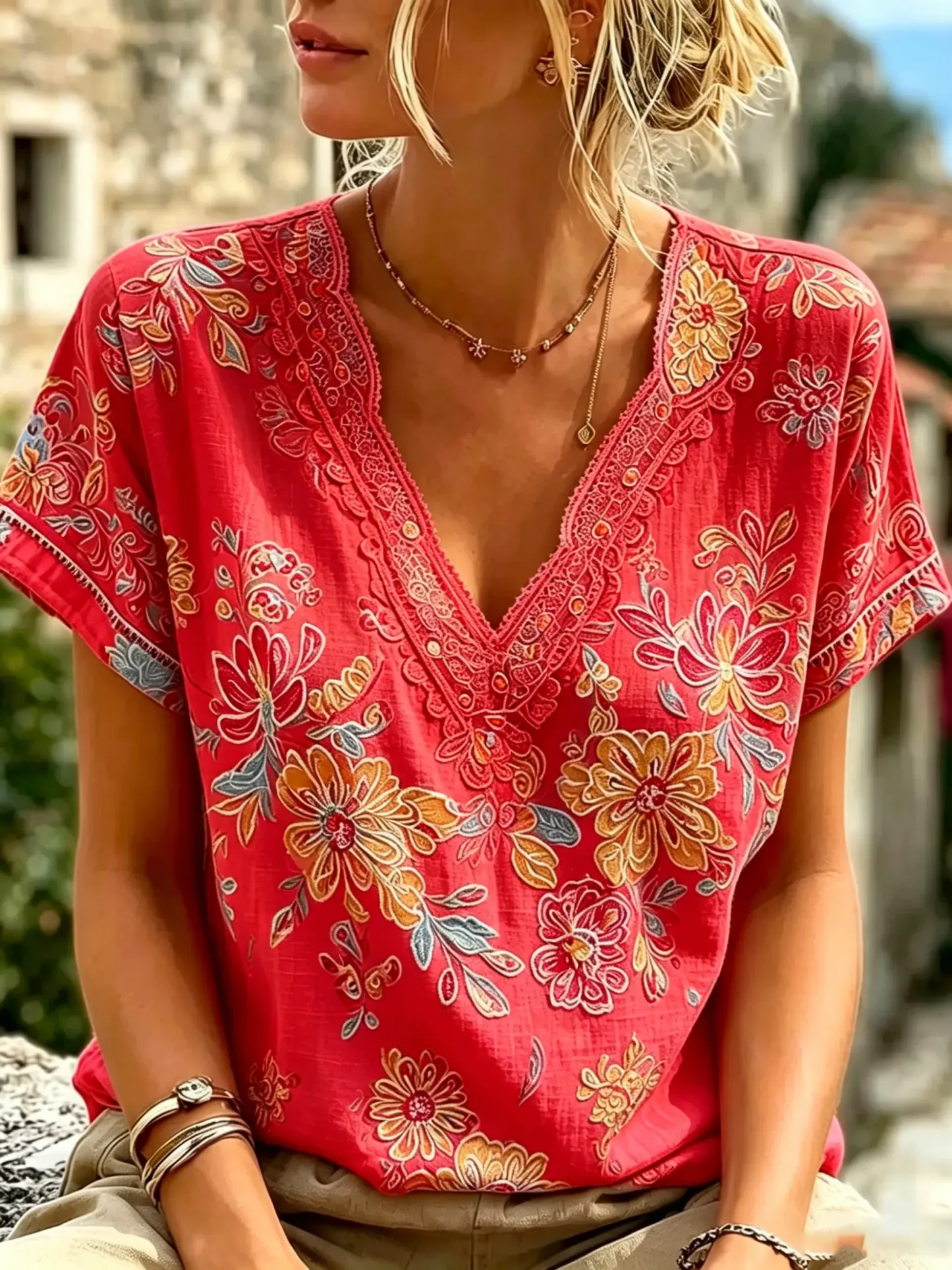 Women's Boho Floral Print Cotton V-Neck Top