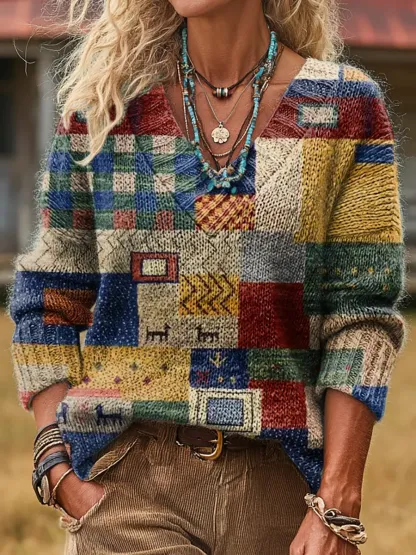 Ethnicity Colorful Patchwork Totem Women's Print V-neck Long Sleeve Sweater