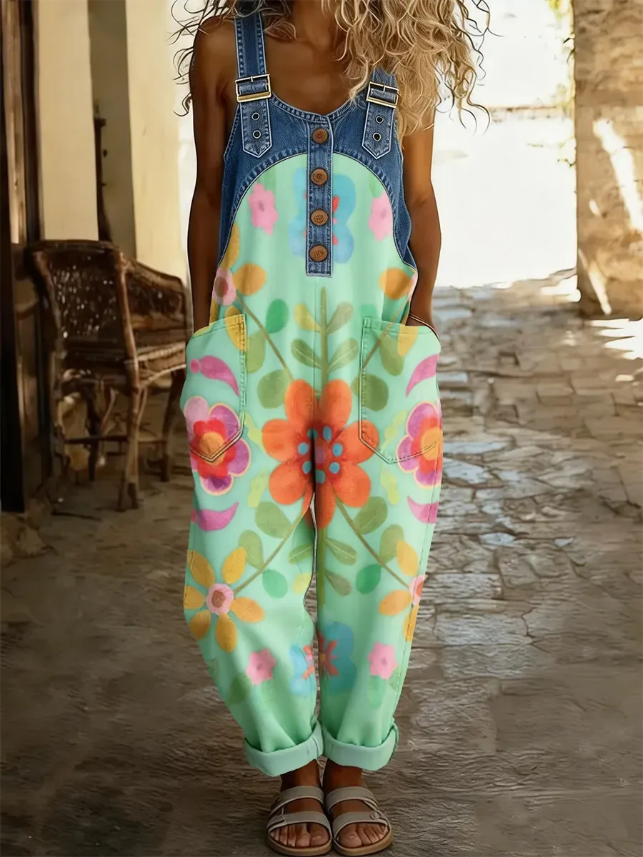 Women's Boho Floral Art Print Patchwork Denim Overalls