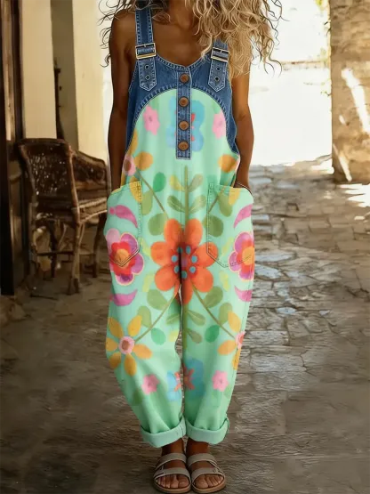 Women's Boho Floral Art Print Patchwork Denim Overalls