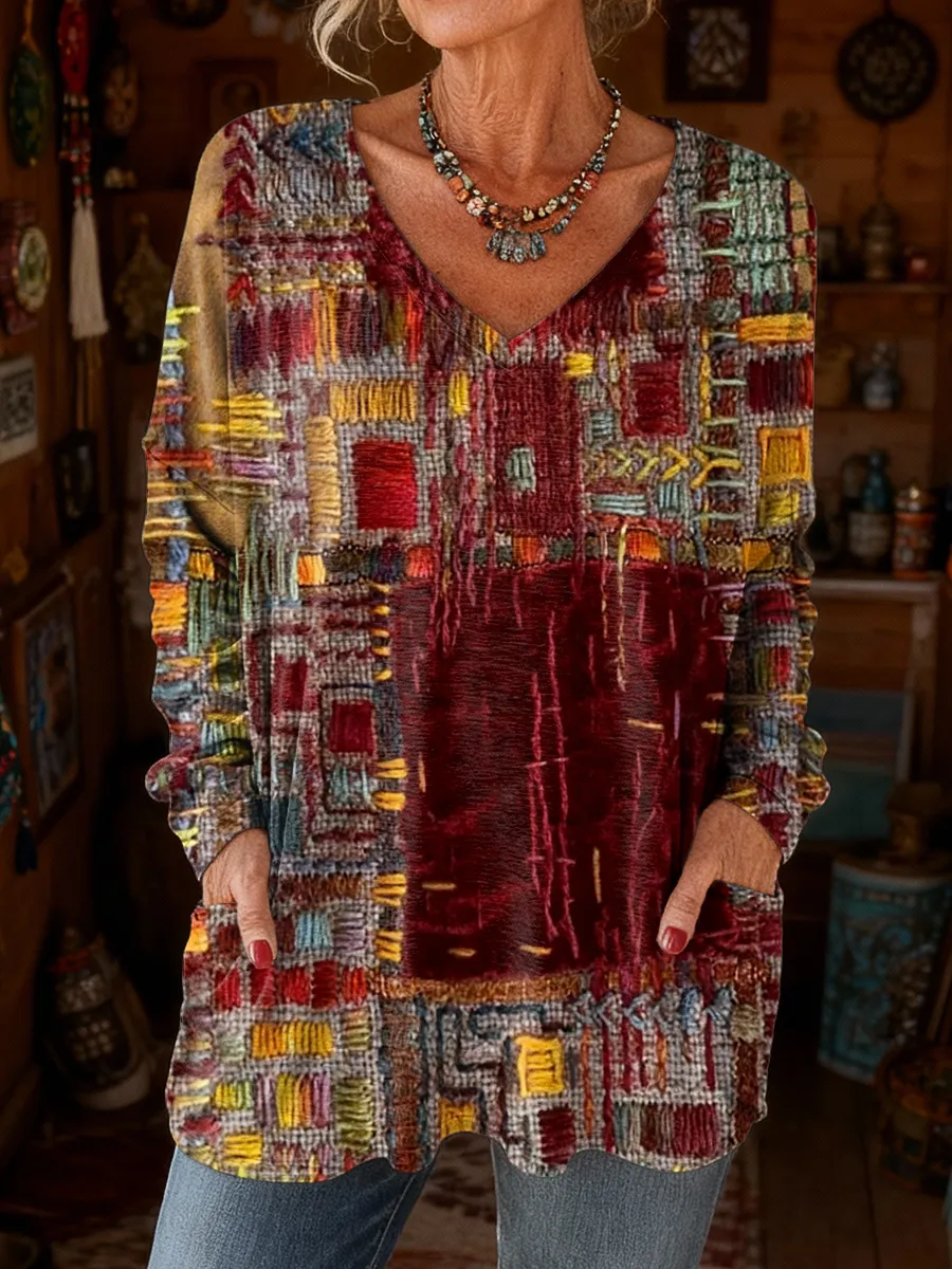 Women's Retro Colorful Art Print Casual Long Sleeve V-Neck T-Shirt