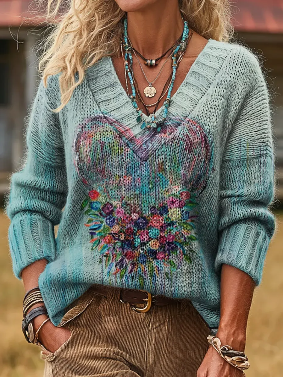 Women's Vintage Floral Heart Pattern Art Print Comfortable V-neck Knit