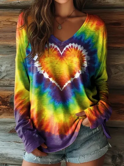 Colorful Gradient Love Women's Print Casual V-neck Long Sleeve T-shirt