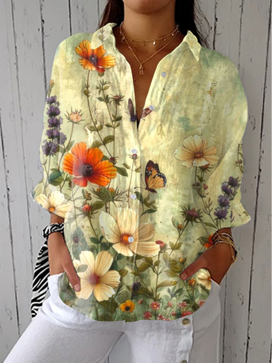 Women's Vintage Floral Art Print Casual Linen V-neck Shirt