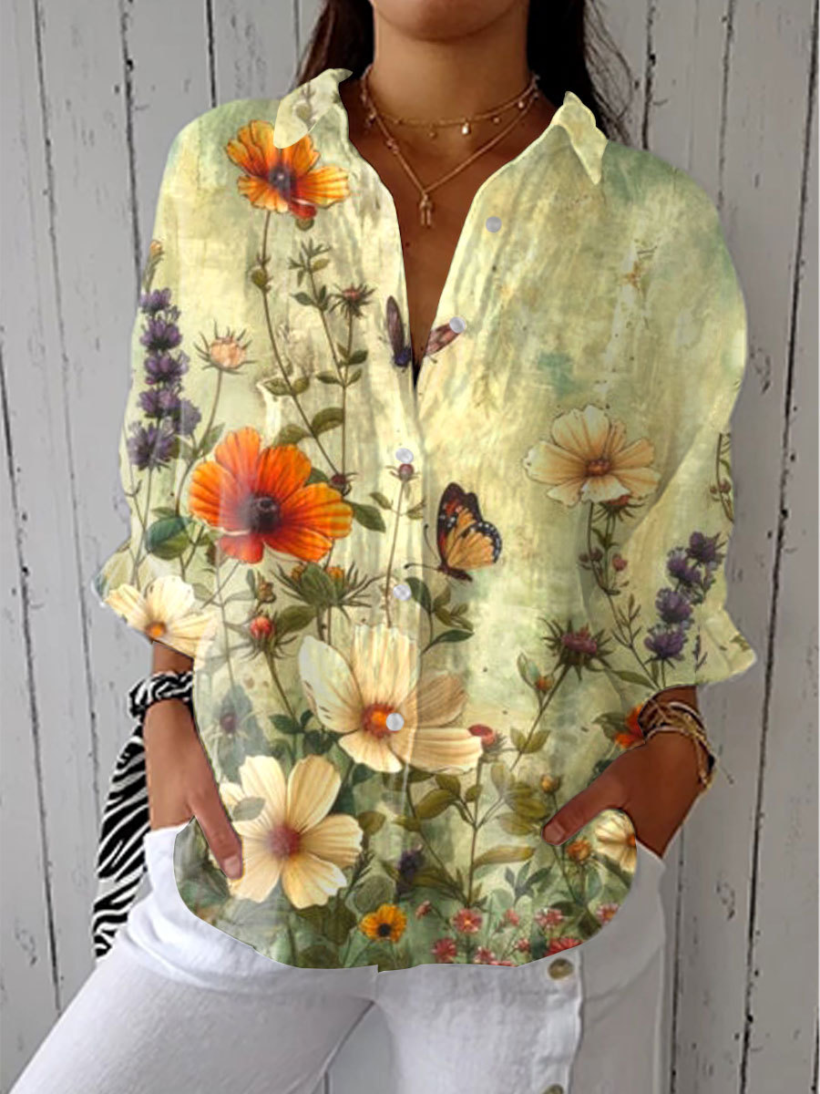 Women's Vintage Floral Art Print Casual Linen V-neck Shirt
