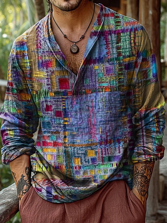 Men's Vintage Red And Blue Color Clash Abstract Patterns Art Prints Casual V-neck Linen Shirt