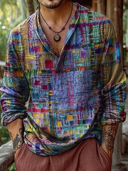 Men's Vintage Red And Blue Color Clash Abstract Patterns Art Prints Casual V-neck Linen Shirt