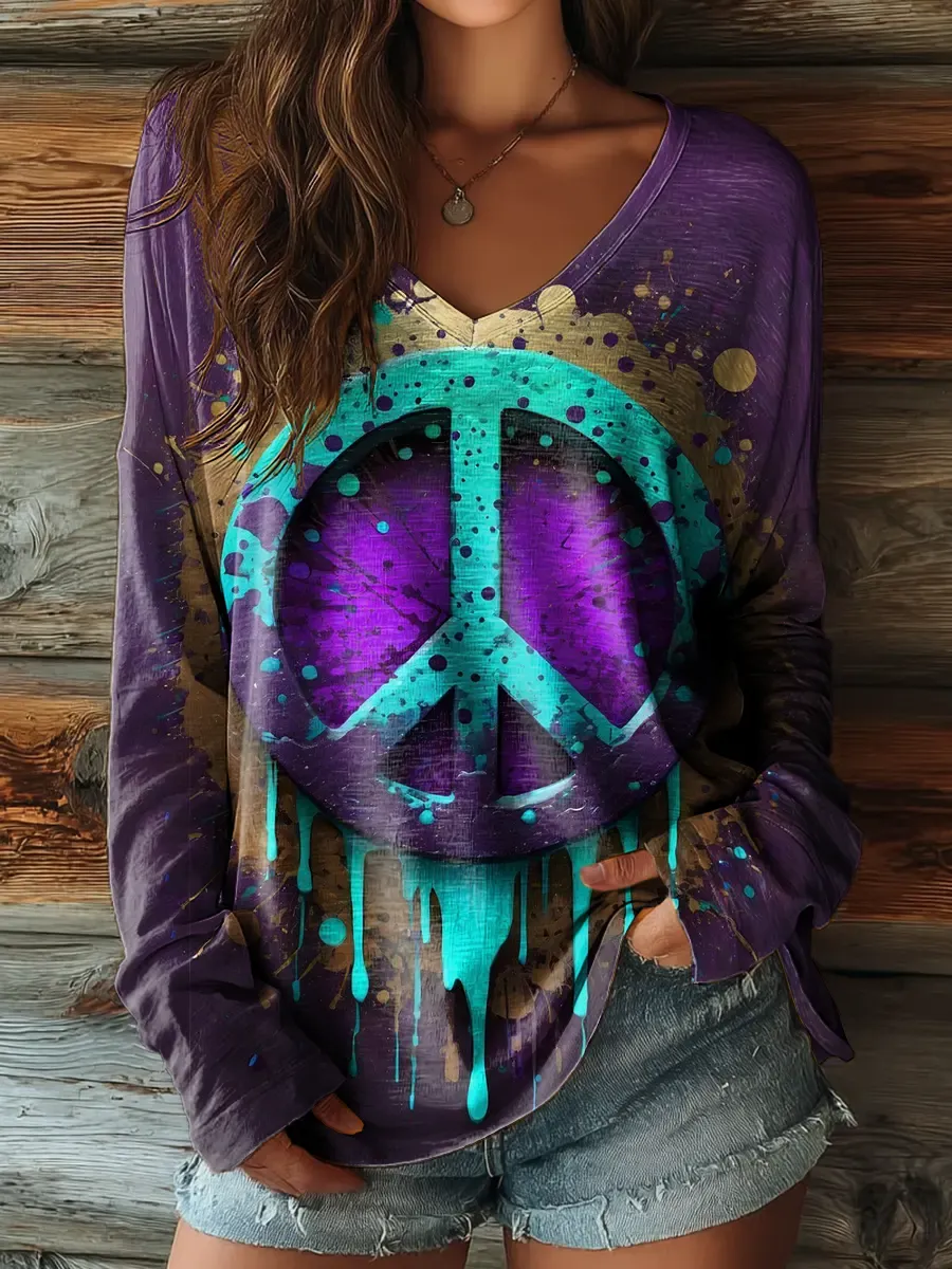Women's Hippie-print Artistic Casual V-neck Long-sleeve T-shirt