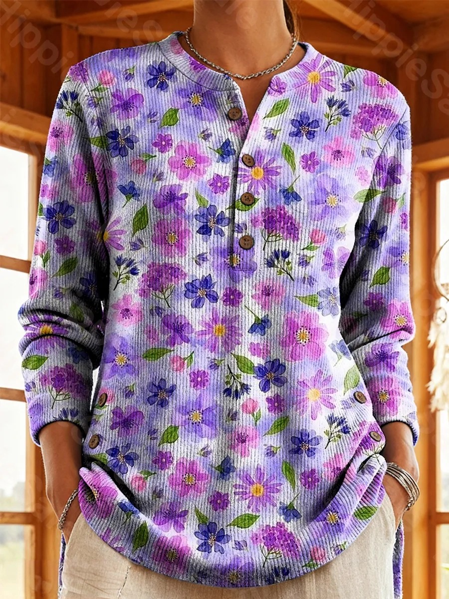 Women's Vintage Purple Floral Art Print Casual Cotton Shirt