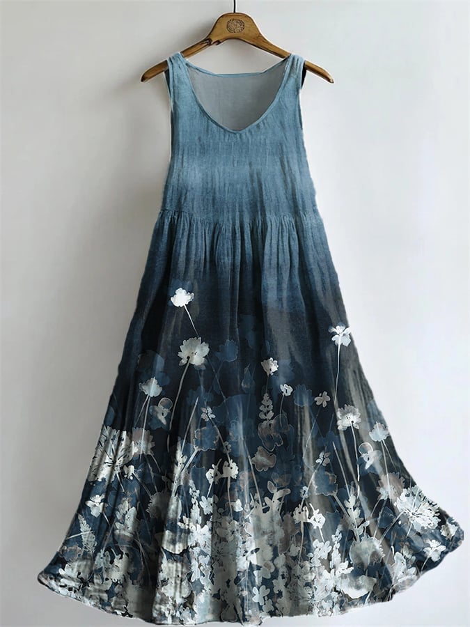 Women's Casual Retro Plant Flower Cotton And Linen Dress