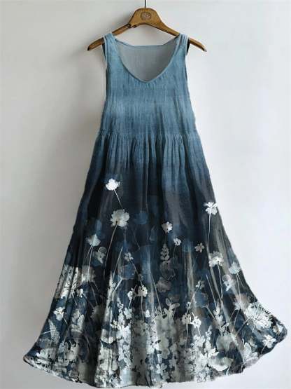 Women's Casual Retro Plant Flower Cotton And Linen Dress