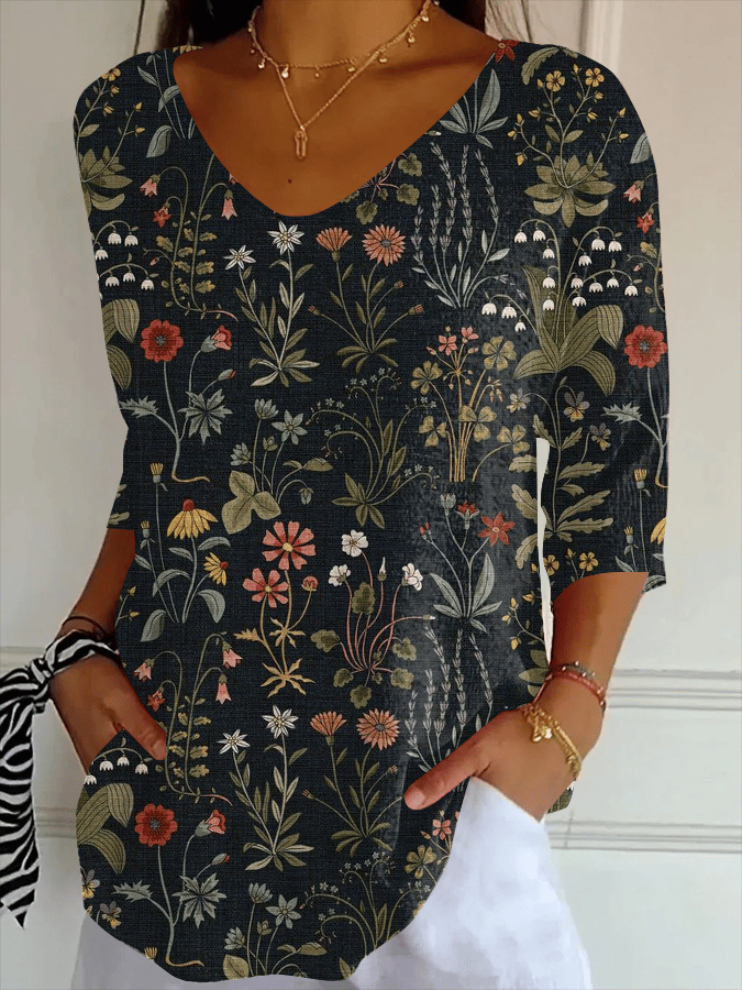 Women's Forest Plants Floral Cross Print Casual V-Neck T-Shirt