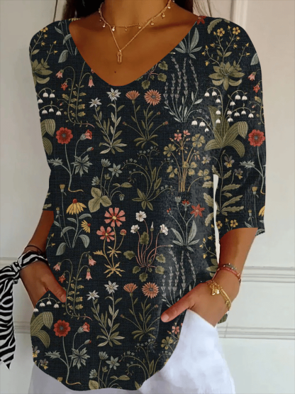 Women's Forest Plants Floral Cross Print Casual V-Neck T-Shirt