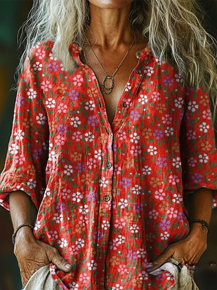 Women's Retro Ethnic Style Floral Red Color Print Casual Cotton Linen 